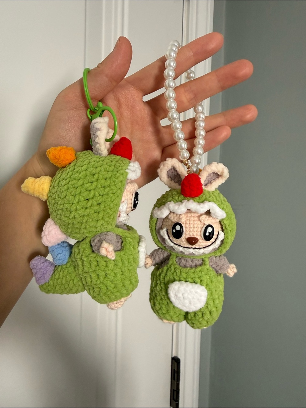 Dinosaur Labubu Crochet. Purple & Green Dinosaur Plush Bunny Keychain